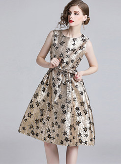 Sweet O-neck Sleeveless Star Print Waist Skater Dress