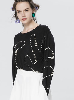 Black Crew-neck Long Sleeve Beaded Knitted Sweater