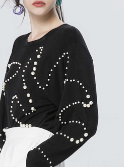 Black Crew-neck Long Sleeve Beaded Knitted Sweater