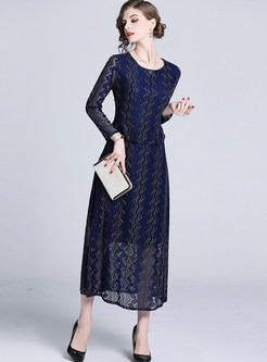 Brief Pure Color Long Sleeve Lace Falbala Maxi Dress