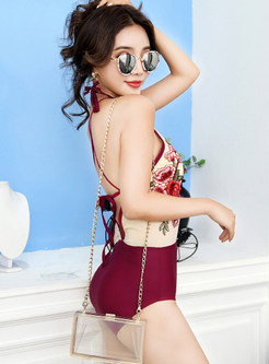 Sexy V-neck Backless Embroidered Triangle One Piece Swimwear