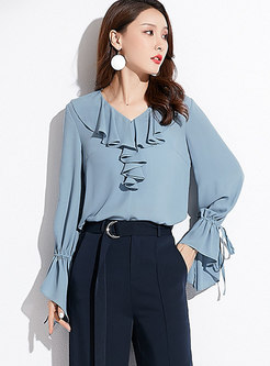 Fashion Blue-grey Flare Sleeve Asymmetric Blouse