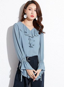 Fashion Blue-grey Flare Sleeve Asymmetric Blouse