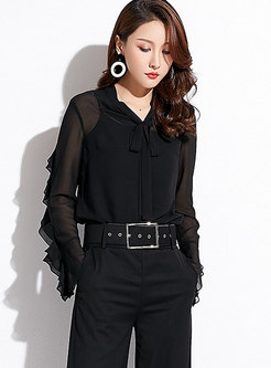 Black Stylish Tie-neck Bowknot Perspective Blouse