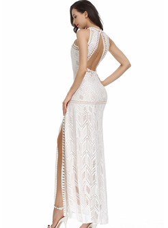 Sexy Halter Backless Hollow Out Lace Slit Maxi Dress