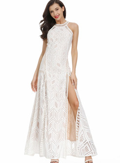 Sexy Halter Backless Hollow Out Lace Slit Maxi Dress