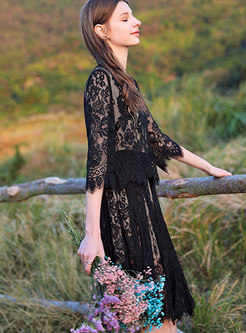  Lace-paneled Three Quarters Sleeve Hollow Out Dress