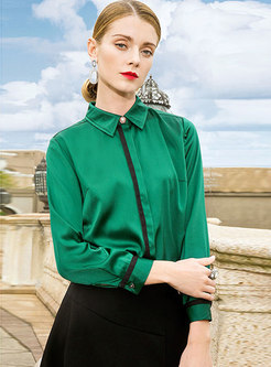 Stylish Green Splicing Silk Cardigan Blouse