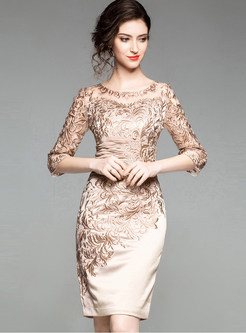 Hollow Out Mesh Embroidered Lace Sheath Dress