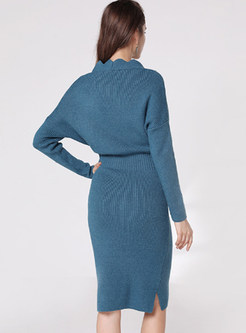 Brief Solid Color V-neck Long Sleeve Sheath Dress