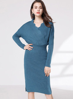 Brief Solid Color V-neck Long Sleeve Sheath Dress
