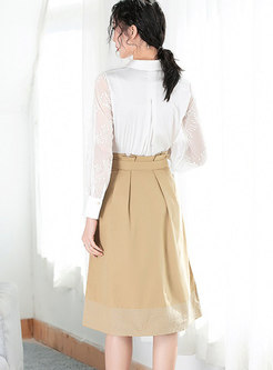 Spring White Turn-down Collar Top & Khaki High-rise Skirt