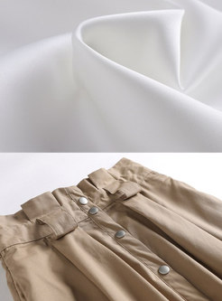 Spring White Turn-down Collar Top & Khaki High-rise Skirt