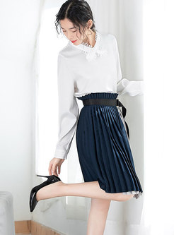 White Tie-neck Long Sleeve Blouse & Hit Color Pleated Skirt