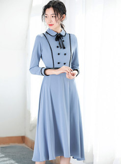 Fashion Blue Solid Splicing High Waist Big Hem Dress