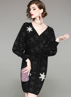 Casual V-neck Bat Sleeve Waist Knitted Bodycon Dress