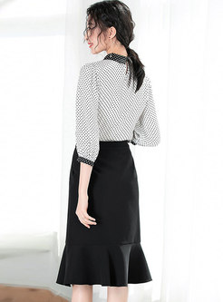 Fashion Turn-down Collar Top & High Waist Sheath Skirt