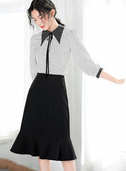 Fashion Turn-down Collar Top & High Waist Sheath Skirt