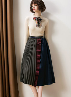 Fashion Tie-neck Bowknot Knitted Top & Hit Color Shirred Skirt