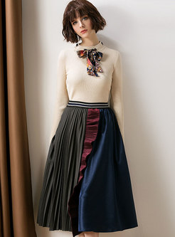Fashion Tie-neck Bowknot Knitted Top & Hit Color Shirred Skirt