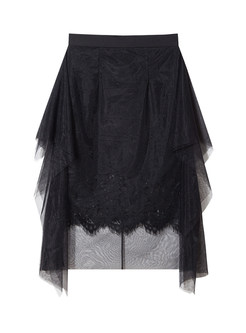 Black Slim Long Sleeve Coat & Irregular Mesh Splicing Skirt