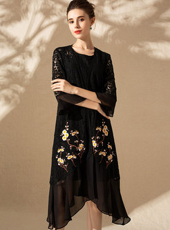 Lace Splicing Sleeveless Skater Dress & Embroidered Flare Sleeve Asymmetric Kimono