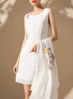 White Splicing Sleeveless Skater Dress & Embroidered Flare Sleeve Asymmetric Kimono