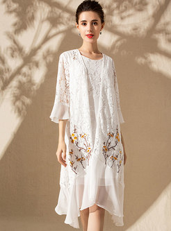 White Splicing Sleeveless Skater Dress & Embroidered Flare Sleeve Asymmetric Kimono