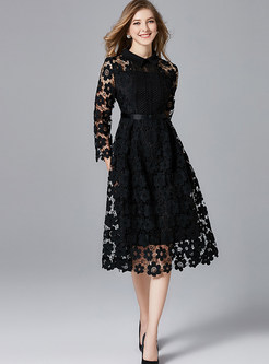 Fashion Black Lapel Openwork Lace A Line Dress