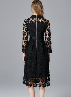 Fashion Black Lapel Openwork Lace A Line Dress