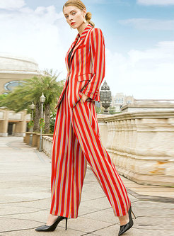 Vintage Notched Striped Blazer & High Waist Wide-leg Pants