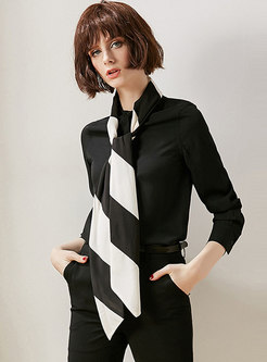 Stylish Color-blocked Scarf Collar Single-breasted Blouse