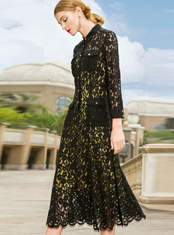 Black Lace Hollow Out Gathered Waist Dress