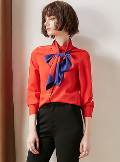 Color-blocked Scarf Collar Single-breasted Silk Blouse