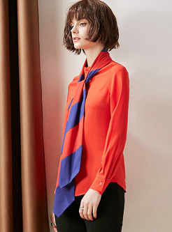 Color-blocked Scarf Collar Single-breasted Silk Blouse