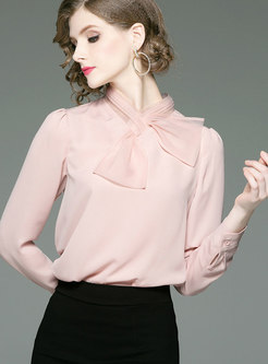 Casual Pink Tie-neck Bowknot Lace Blouse
