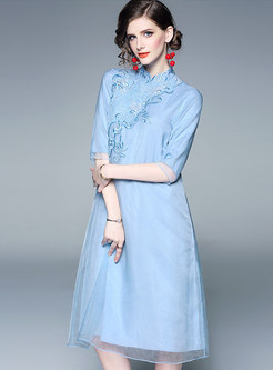 Retro Stand Collar Embroidered Half Sleeve Loose Dress