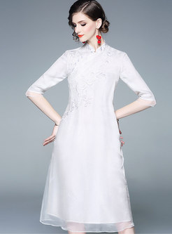 Vintage Stand Collar Embroidered Half Sleeve Loose Dress