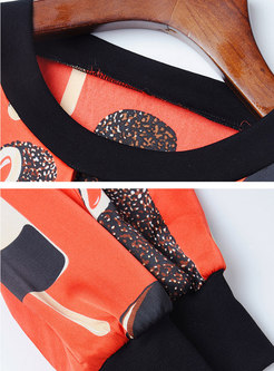 Stylish Splicing Print O-neck Gathered Waist Skater Dress