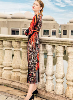 Chic V-neck Long Sleeve Print Silk Midi Dress