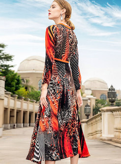 Chic V-neck Long Sleeve Print Silk Midi Dress