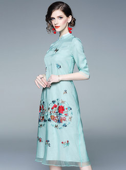 Vintage Embroidered Stand Collar Half Sleeve Loose Dress