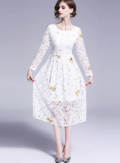 Elegant Embroidered O-neck Gathered Waist Slim Lace Dress