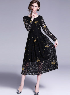 Chic Embroidered O-neck Gathered Waist Slim Lace Dress