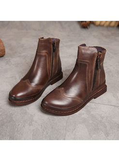 Vintage Cowhide Leather Wedge Heel Zipper Warm Boots
