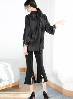 Casual Stitching Striped Blouse & Elastic Skinny Flare Pants