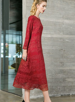 Trendy Red O-neck Long Sleeve Slim Plus Size Dress