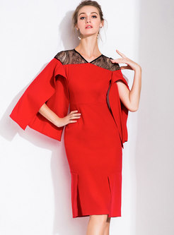 Stylish Red Lace Stitching Party Bodycon Dress
