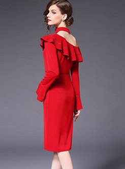 Wine Red Off Shoulder Lace Splicing Cut-back Dress