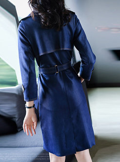 Blue Notched Long Sleeve Belted Trench Coat